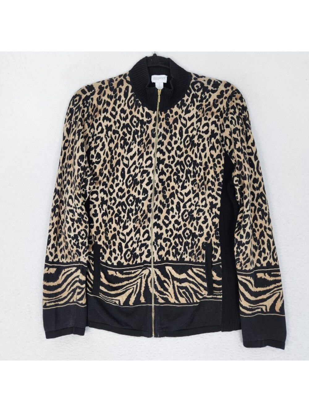 Chicos Jacket Womens 2 Tan Black 12 Leopard Print Full Zip Mock Neck Sweater